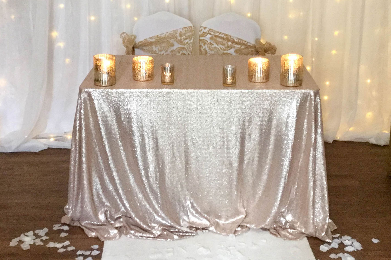 champagne sequin tablecloth hire Essex